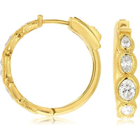 14K Yellow Gold Diamond Huggie Hoop Earrings with Graduated Round Brilliant Cut Stones and Milgrain Detail - 1.45 Carat Total Diamond Weight - Royal Jewelry