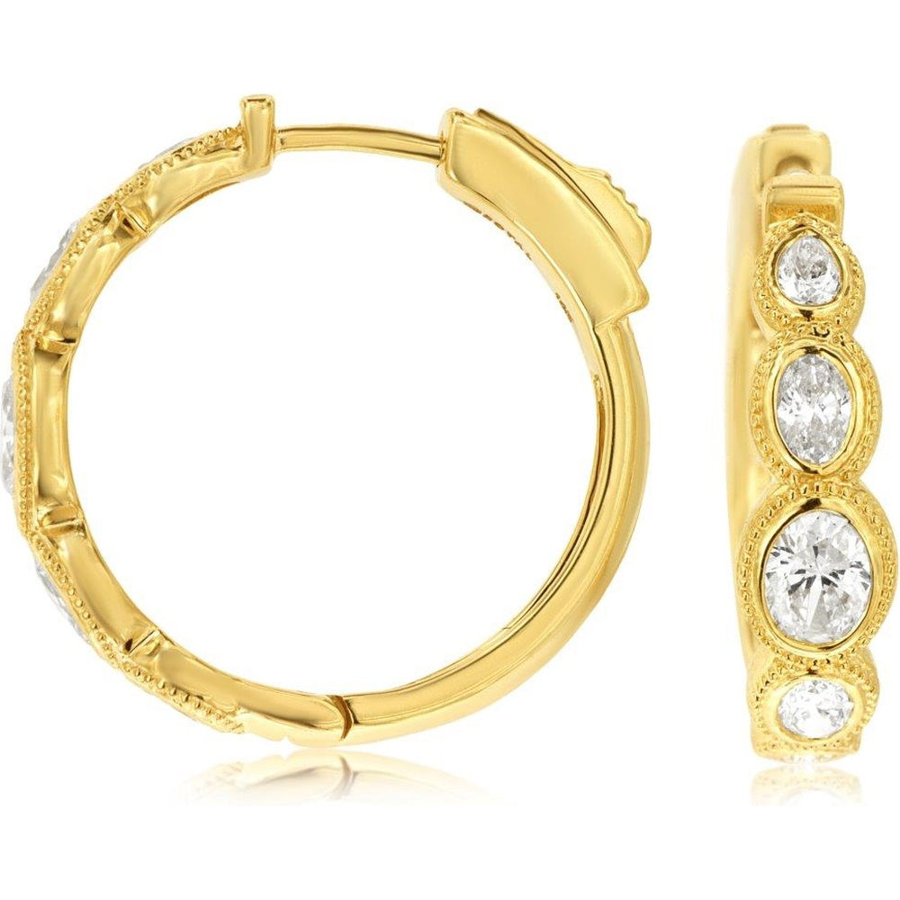 14K Yellow Gold Diamond Huggie Hoop Earrings with Graduated Round Brilliant Cut Stones and Milgrain Detail - 1.45 Carat Total Diamond Weight - Royal Jewelry