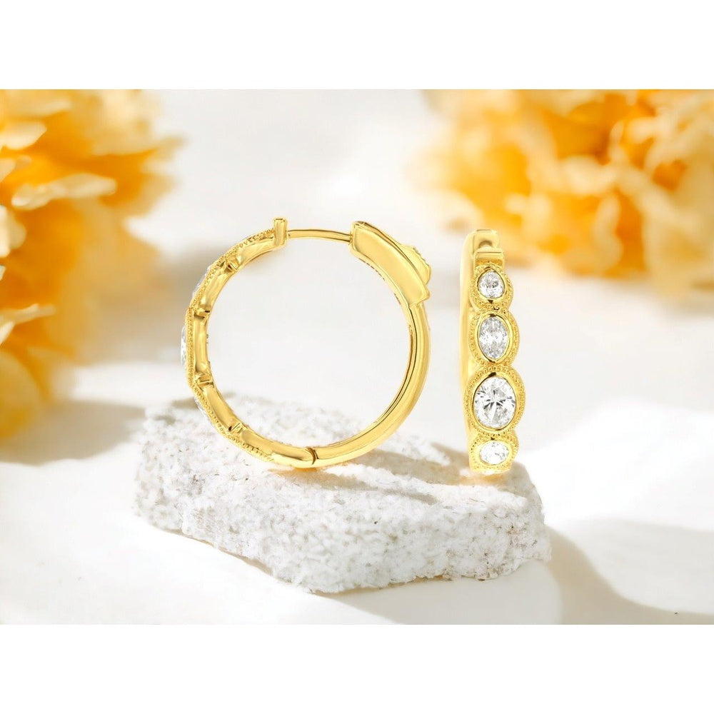 14K Yellow Gold Diamond Huggie Hoop Earrings with Graduated Round Brilliant Cut Stones and Milgrain Detail - 1.45 Carat Total Diamond Weight - Royal Jewelry