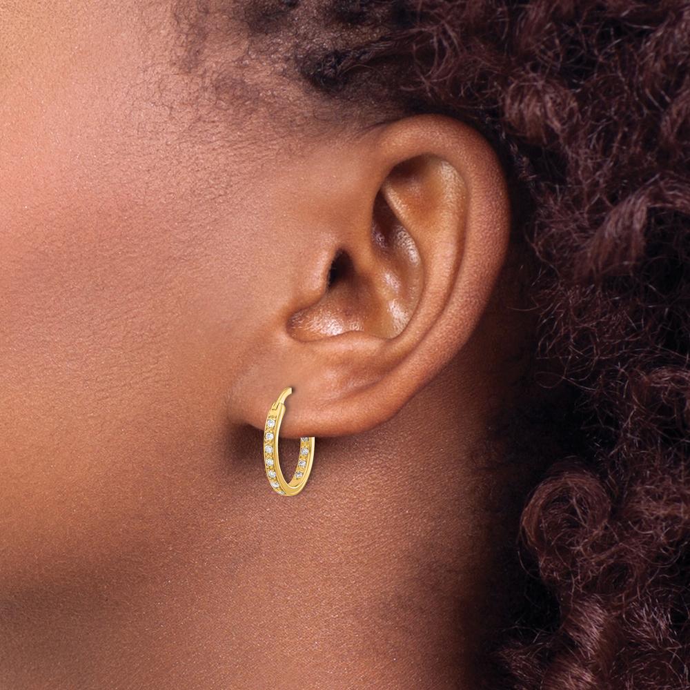 14K Yellow Gold Diamond In/Out Hoop Earrings with 24 Round Diamonds - 0.01 Carat Total Diamond Weight by Monteluci Fine Jewelry