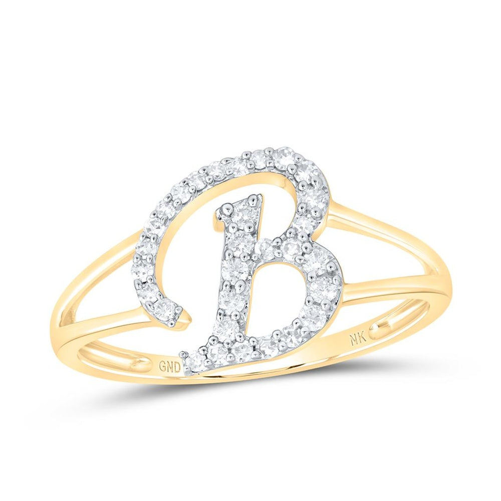 14K Yellow Gold Diamond Initial B Ring - 1/5 Carat Total Diamond Weight