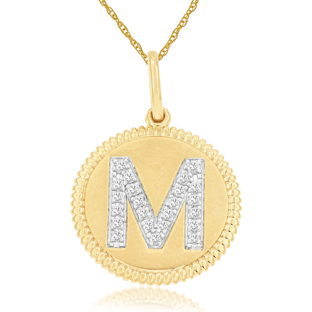 14K Yellow Gold Diamond Initial M Pendant with Pavé-Set Round Diamonds - 0.12 Carat Total Diamond Weight - Royal Jewelry