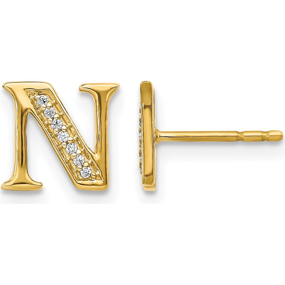 14K Yellow Gold Diamond Initial 'N' Button Earrings - 0.003 Carats Total Diamond Weight by Monteluci Fine Jewelry