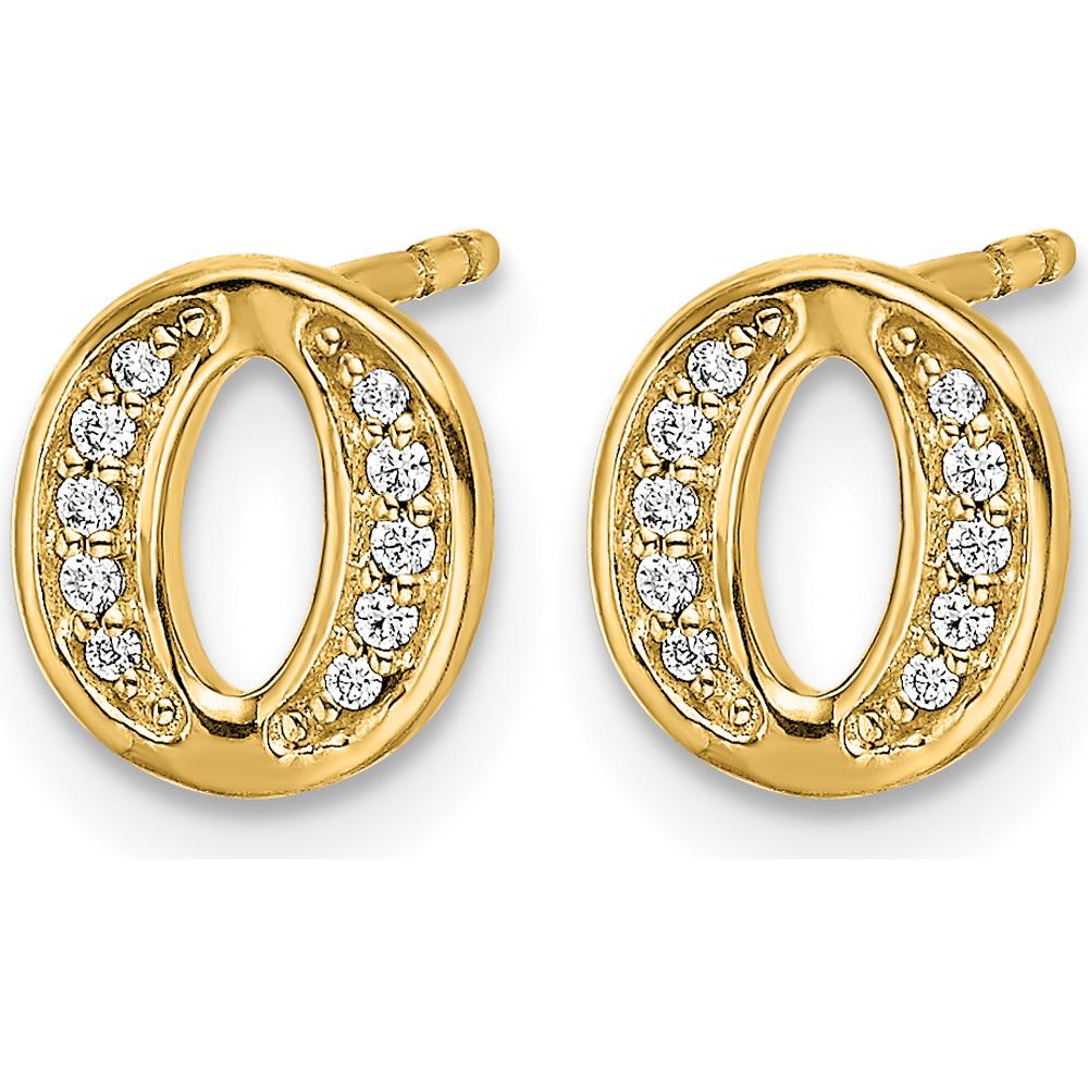 14K Yellow Gold Diamond Initial O Button Earrings with Round Cut Diamonds - 0.007 Carats Total Diamond Weight by Monteluci Fine Jewelry
