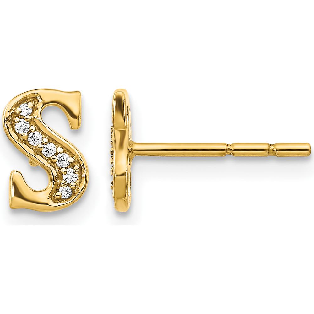 14K Yellow Gold Diamond Initial S Stud Earrings - 0.007 Carats Total Diamond Weight by Monteluci Fine Jewelry