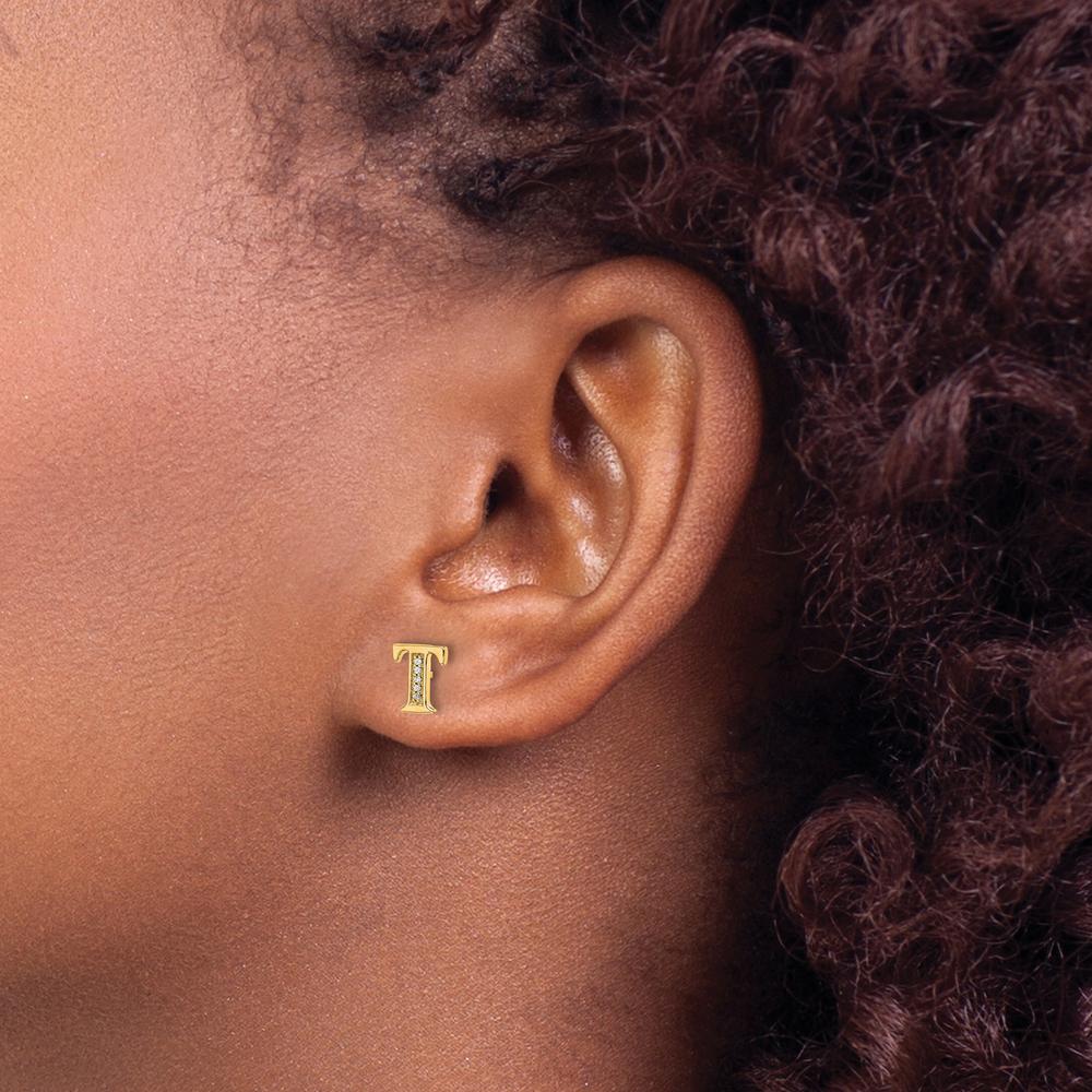 14K Yellow Gold Diamond Initial T Earrings - 0.03 Carats Total Diamond Weight by Monteluci Fine Jewelry