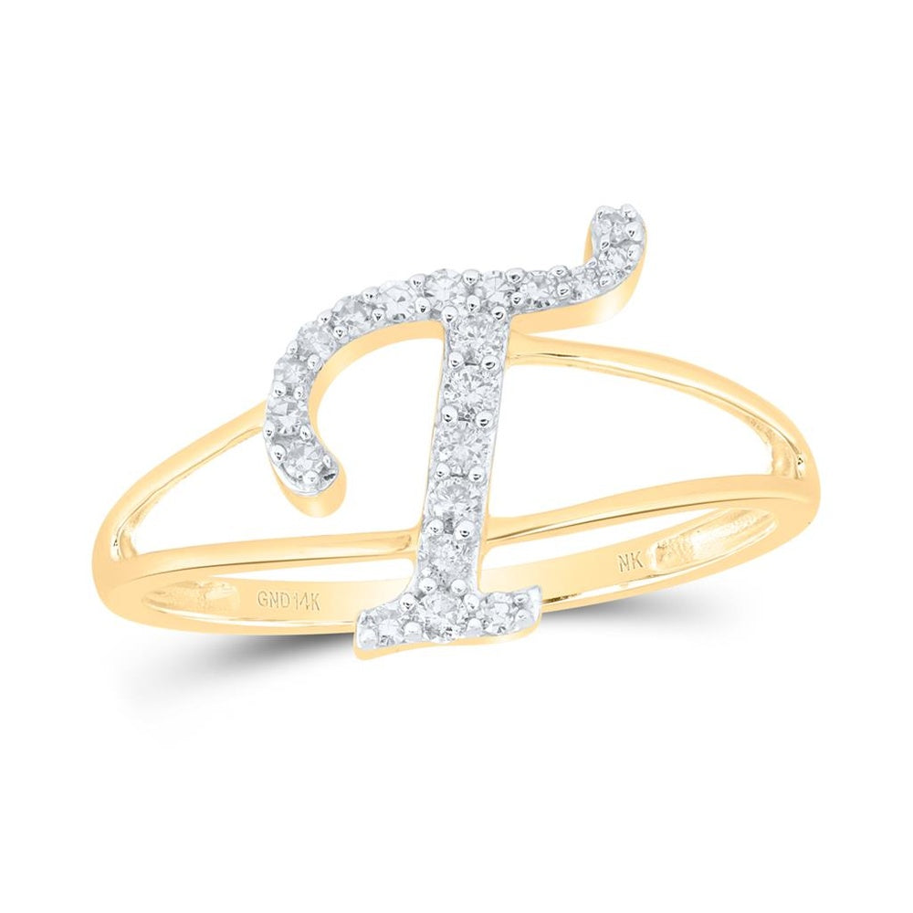 14K Yellow Gold Diamond Initial T Ring - 1/7 Carat Total Diamond Weight