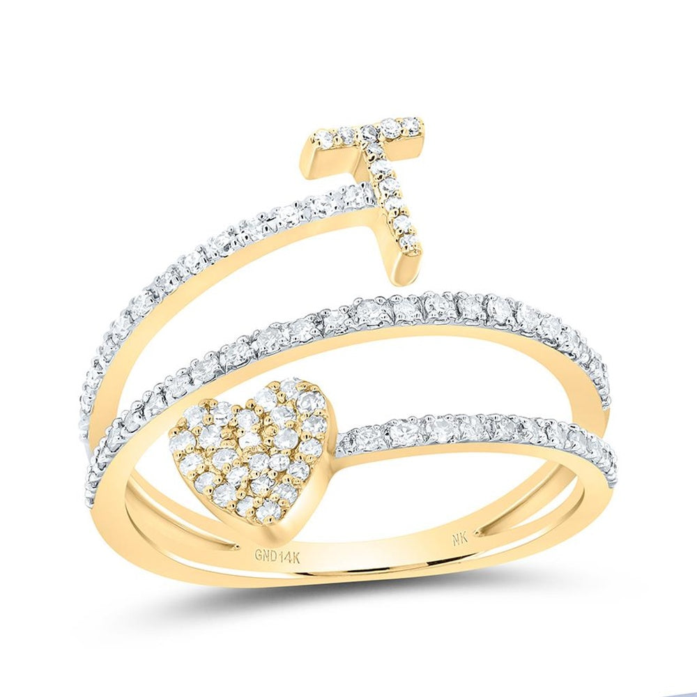 14K Yellow Gold Diamond Initial T Ring - 3/8 Carat Total Diamond Weight