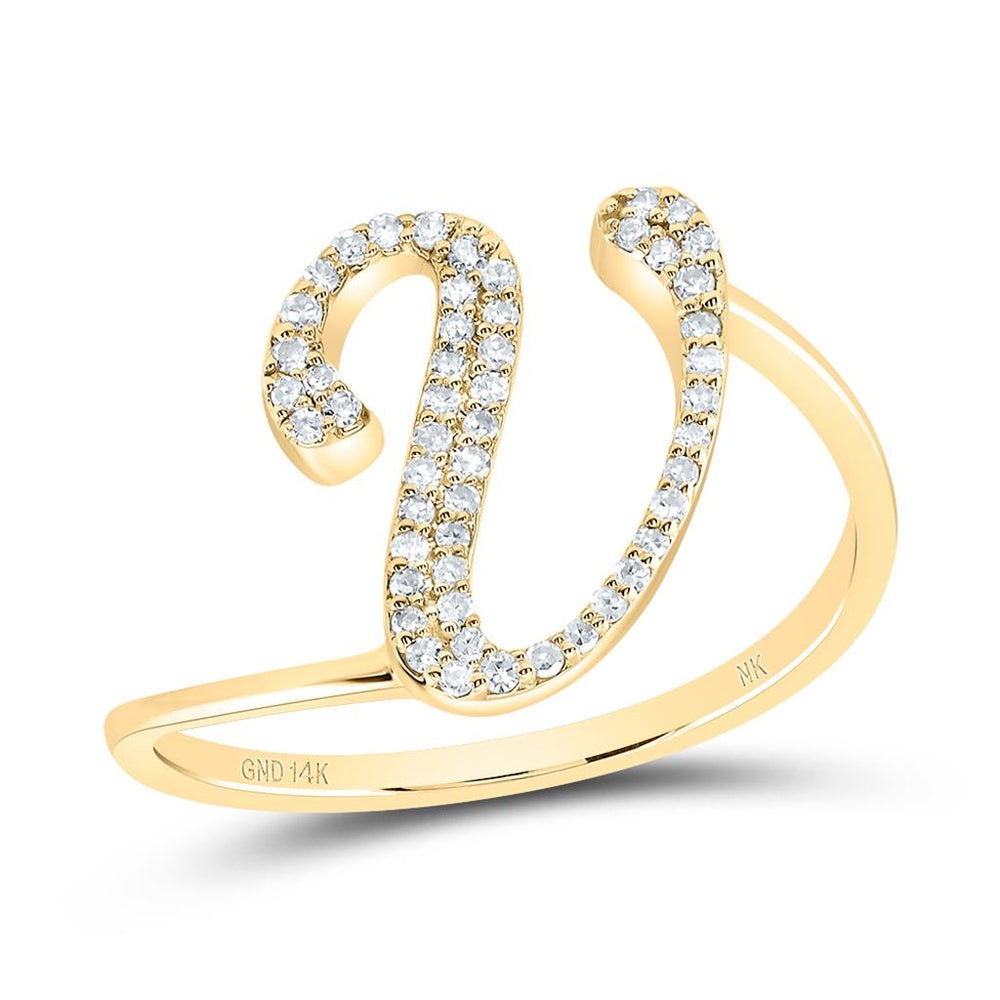 14K Yellow Gold Diamond Initial V Ring - 1/7 Carat Total Diamond Weight