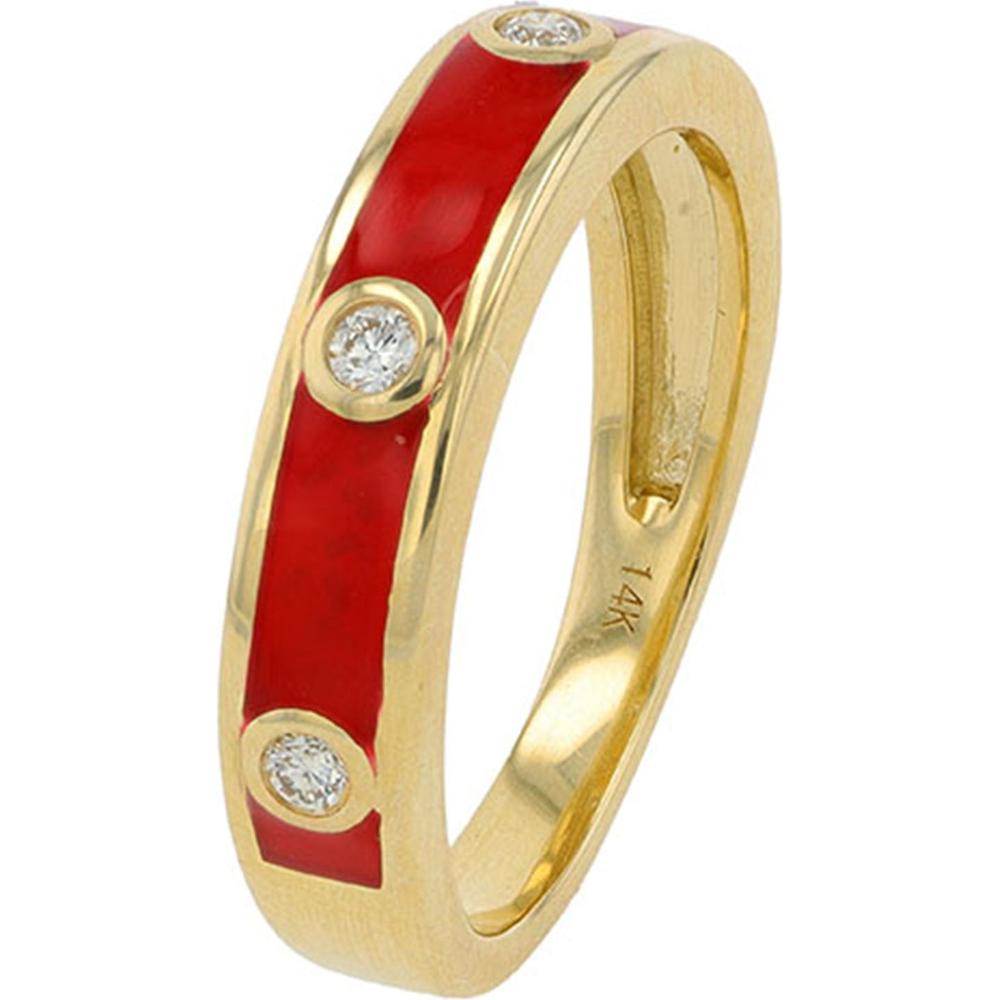 14K Yellow Gold Diamond Inlay Red Enamel Band - 0.10 Carat Total Diamond Weight
