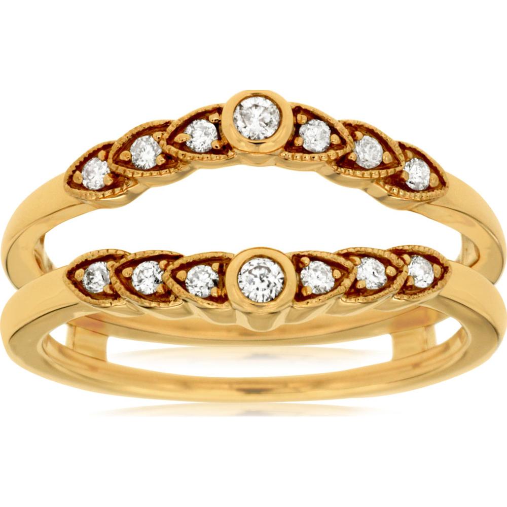 14K Yellow Gold Diamond Insert Ring with Round Bezel-Set Center and Milgrain-Edged Scalloped Band - 0.19 Carat Total Diamond Weight - Royal Jewelry