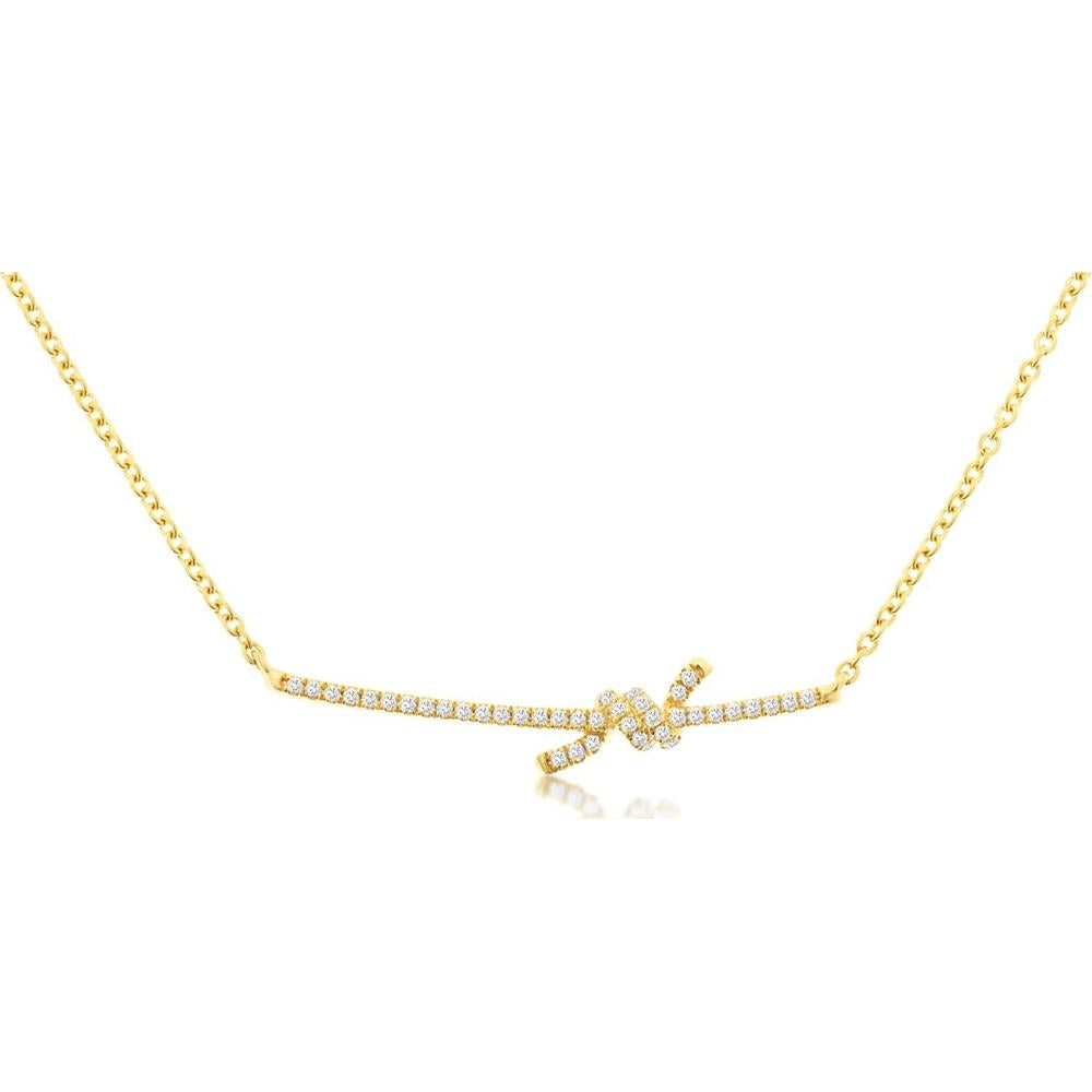 14K Yellow Gold Diamond Knot Motif Bar Necklace with Round Diamonds - 0.15 Carat Total Diamond Weight - Royal Jewelry
