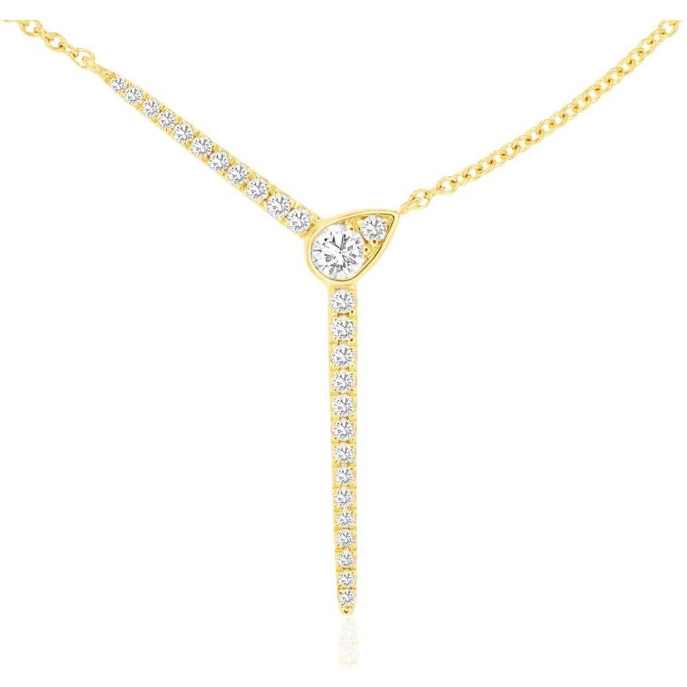 14K Yellow Gold Diamond Lariat Necklace with 0.19 Carat Bezel-Set Round Center Stone and Pavé Diamond Drop - Royal Jewelry