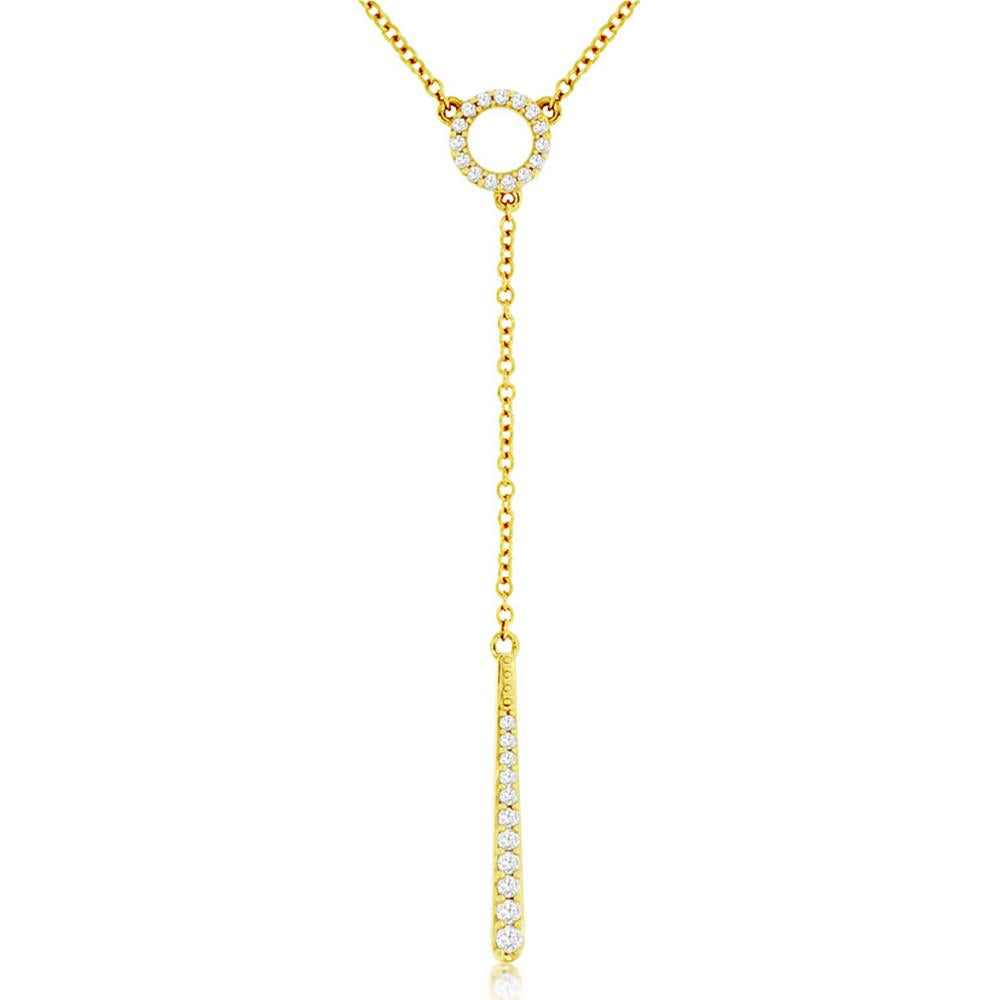 14K Yellow Gold Diamond Lariat Necklace with Pave-Set Open Circle and Vertical Drop Bar - 0.16 Carat Total Diamond Weight - Royal Jewelry