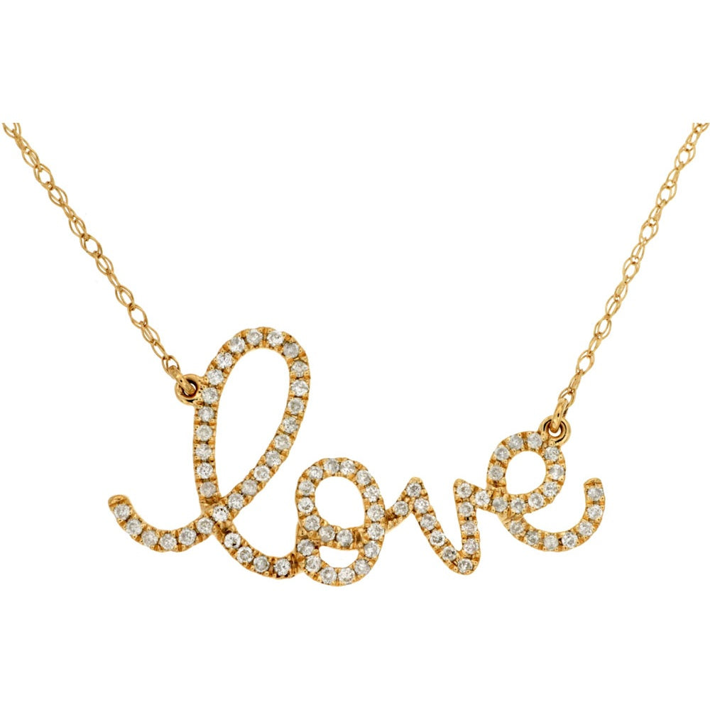 14K Yellow Gold Diamond Love Script Necklace with Prong Set Round Diamonds - 0.25 Carat Total Diamond Weight - Royal Jewelry