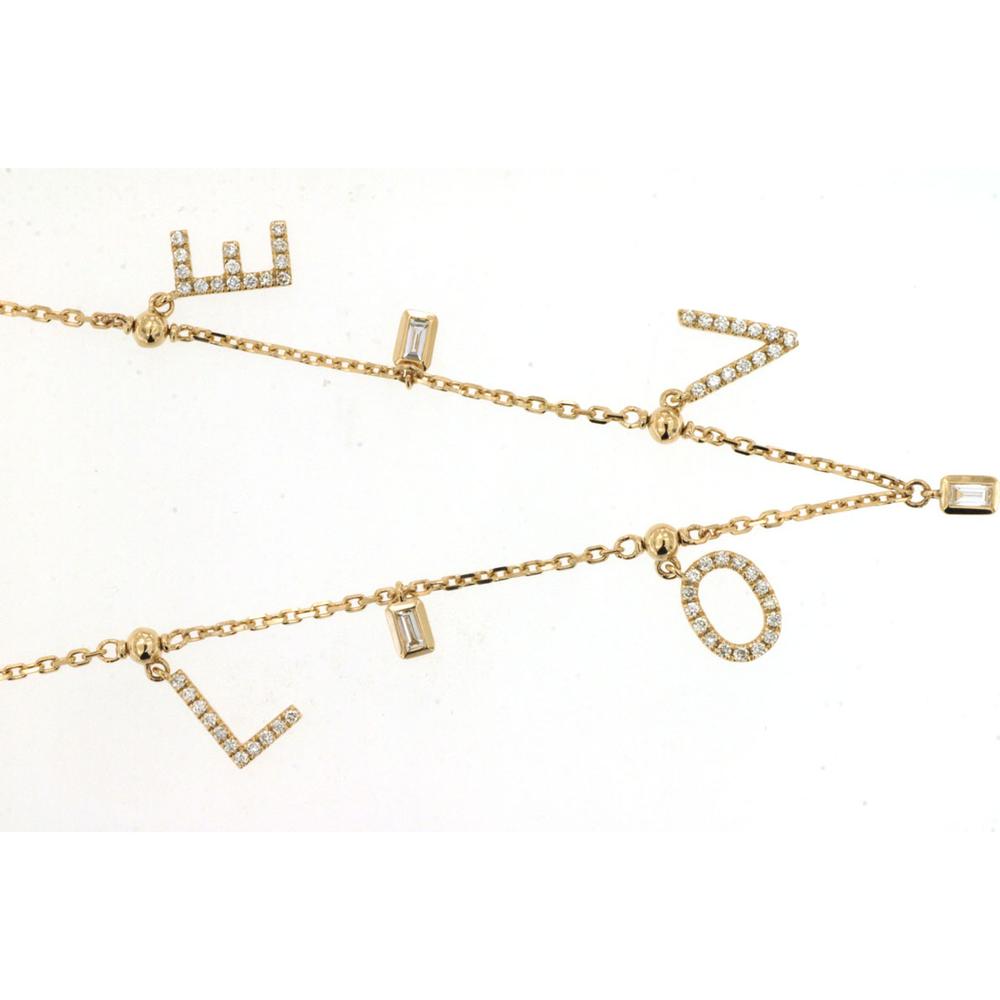 14K Yellow Gold Diamond LOVE Station Necklace with Round and Baguette Diamonds - 0.39 Carat Total Diamond Weight - Royal Jewelry