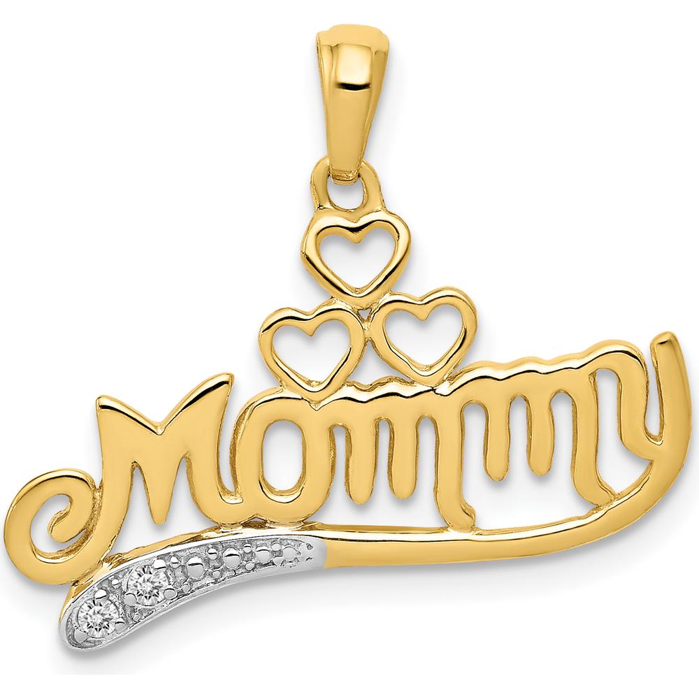 14K Yellow Gold Diamond MOMMY Double Heart Pendant with Natural Diamonds - 0.02 Carat Total Diamond Weight by Monteluci Fine Jewelry