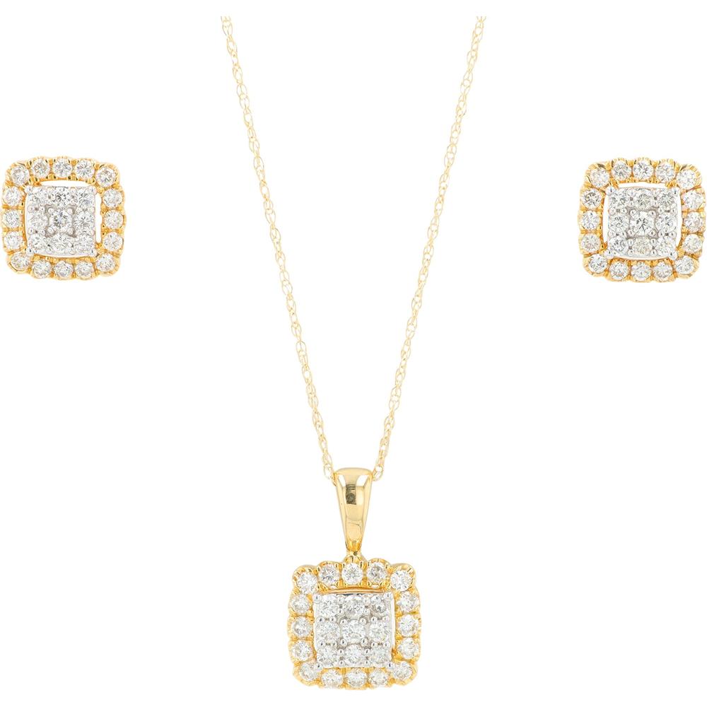 14K Yellow Gold Diamond Pendant & Stud Earrings Set - 0.75 Carat Total Diamond Weight
