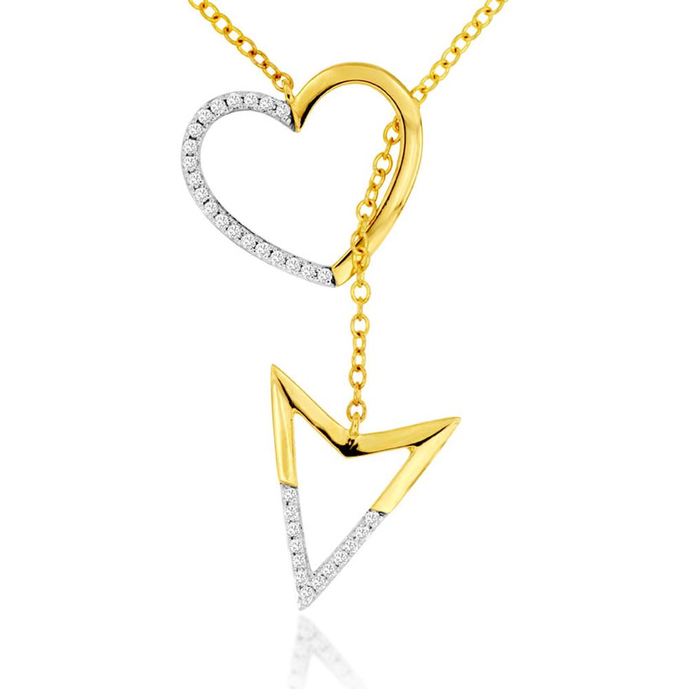 14K Yellow Gold Diamond Pendant Necklace with Geometric Heart and Arrow Design