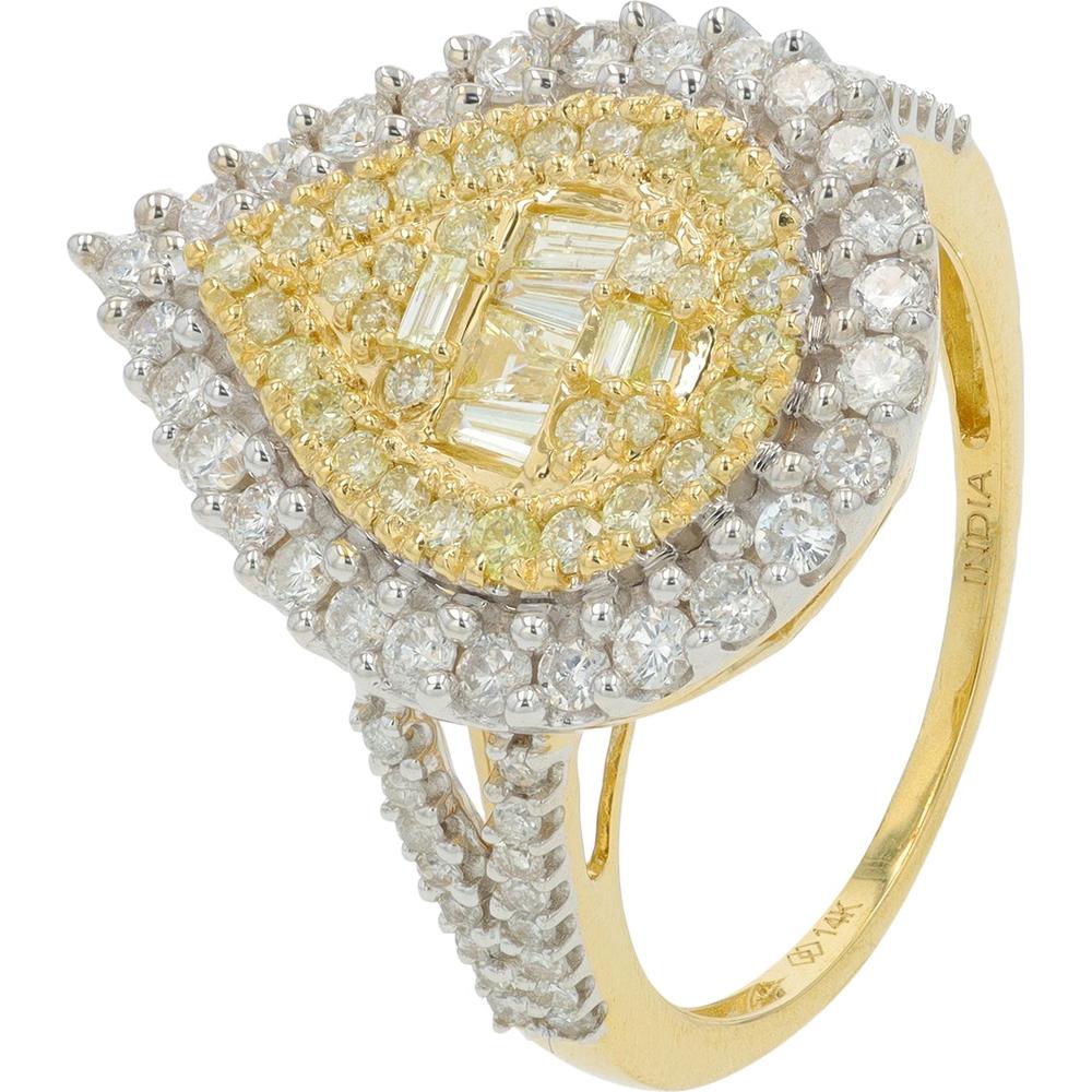 14K Yellow Gold Diamond Ring with Pear - Shaped Halo and Baguette Diamonds - 1.00 Carat Total Diamond Weight