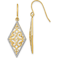 14K Yellow Gold Diamond-Shaped Filigree Dangle Earrings with Rhodium Accents by 0