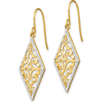 14K Yellow Gold Diamond-Shaped Filigree Dangle Earrings with Rhodium Accents by 0