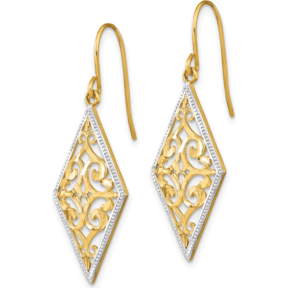 14K Yellow Gold Diamond-Shaped Filigree Dangle Earrings with Rhodium Accents by 0