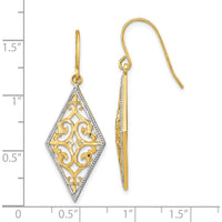 14K Yellow Gold Diamond-Shaped Filigree Dangle Earrings with Rhodium Accents by 0