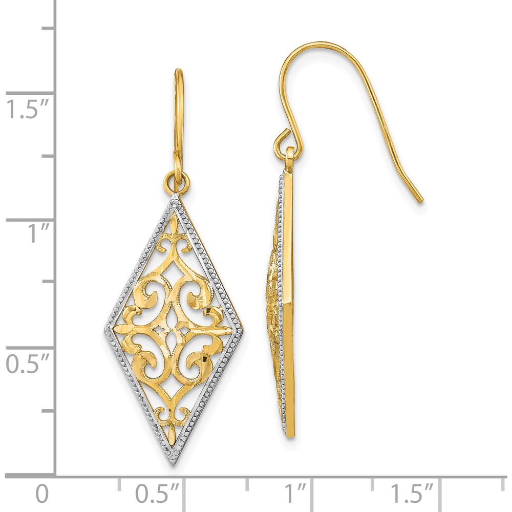 14K Yellow Gold Diamond-Shaped Filigree Dangle Earrings with Rhodium Accents by 0