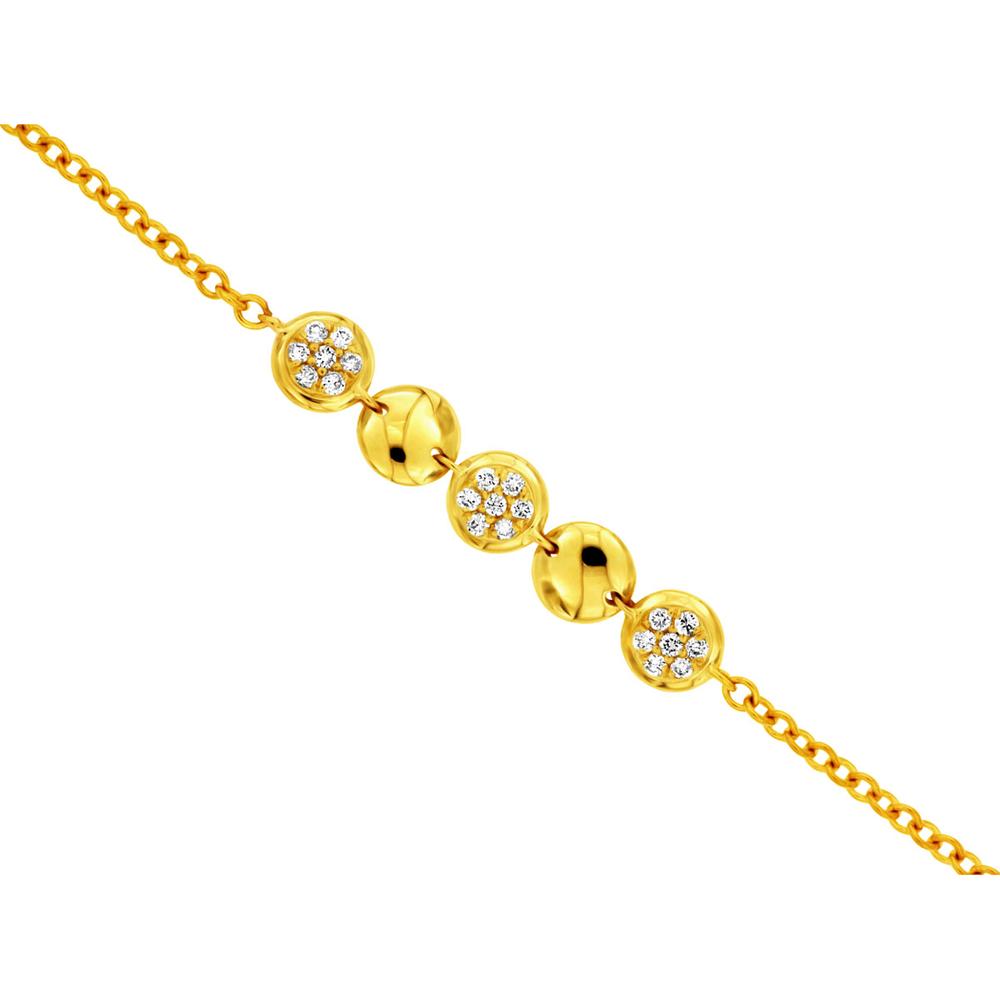 14K Yellow Gold Diamond Station Bracelet with Alternating Floral Cluster and Polished Gold Discs - 0.11 Carat Total Diamond Weight - Royal Jewelry