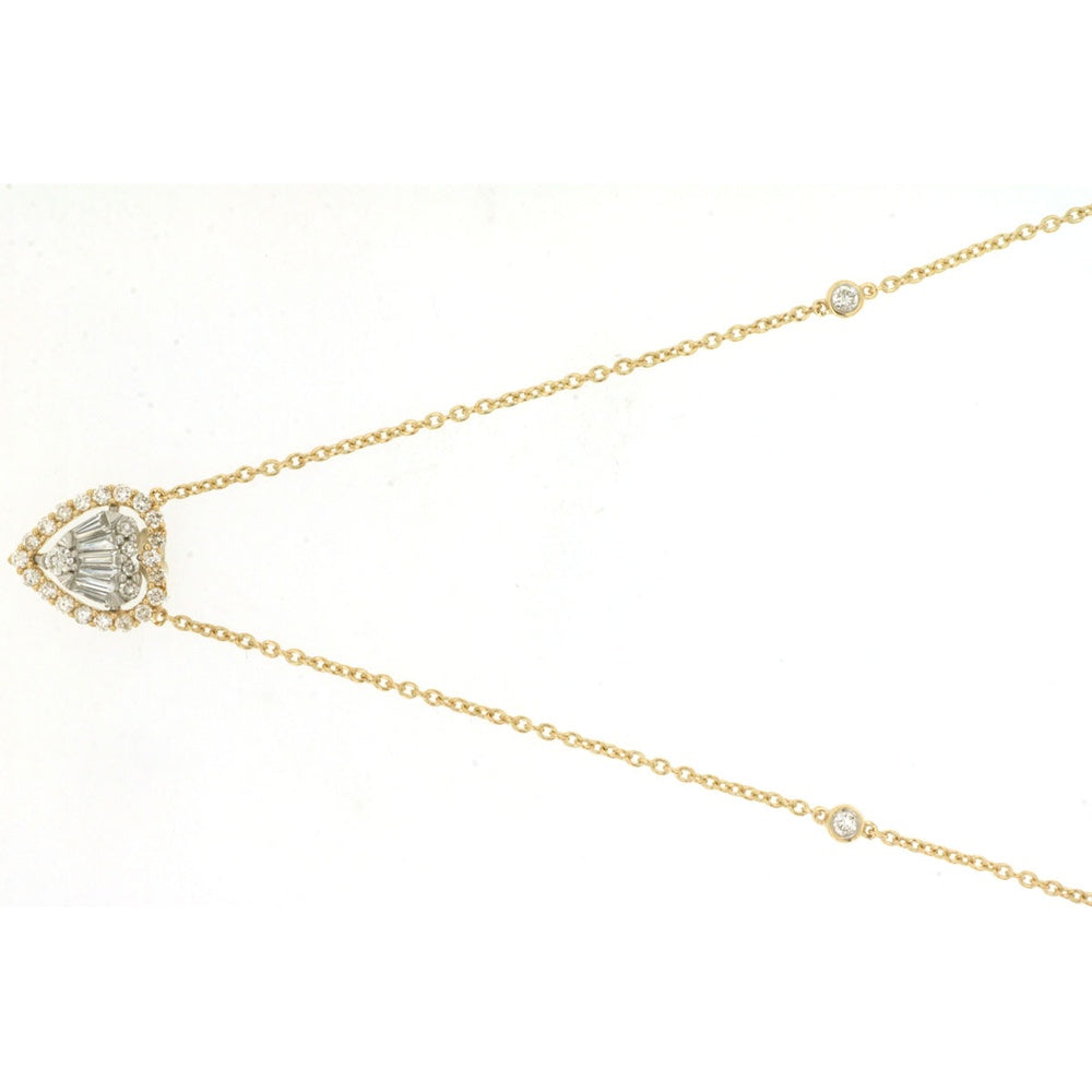 14K Yellow Gold Diamond Station Necklace with Baguette Cluster Heart Pendant and Halo Setting - 0.32 Carat Total Diamond Weight - Royal Jewelry