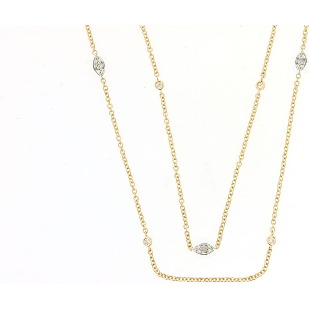 14K Yellow Gold Diamond Station Necklace with Bezel Set Marquise and Round Diamonds - 1.27 Carat Total Diamond Weight - Royal Jewelry
