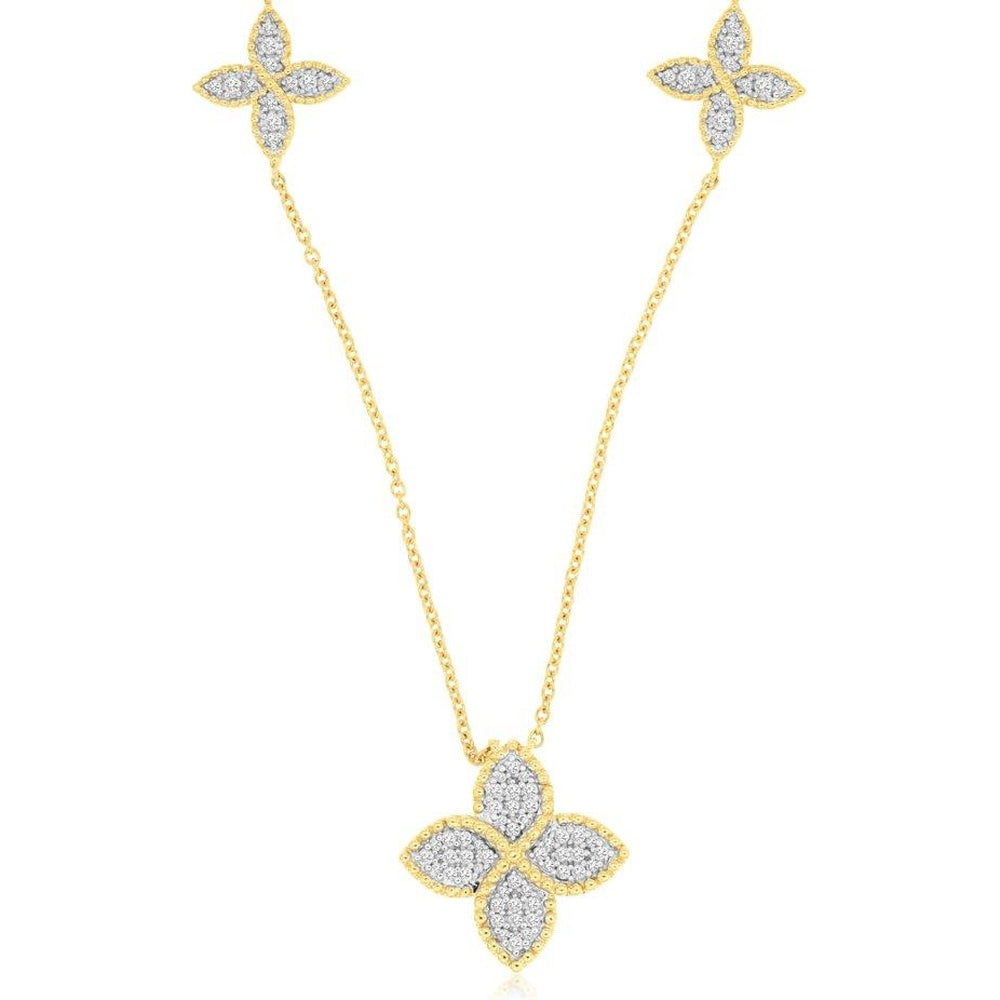 14K Yellow Gold Diamond Station Necklace with Milgrain-Edged Floral Motifs - 0.33 Carat Total Diamond Weight - Royal Jewelry
