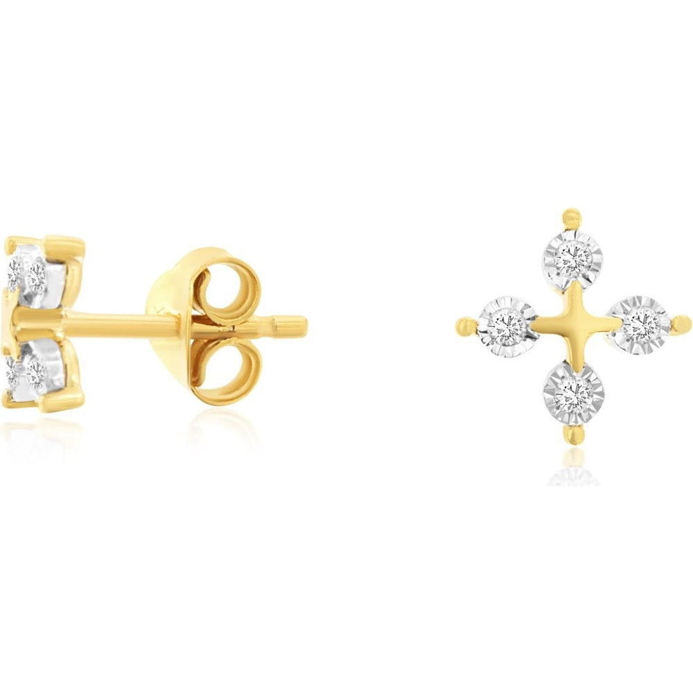 14K Yellow Gold Diamond Stud Earrings with Cross Motif and Four-Prong Set Round Diamonds - 0.10 Carat Total Diamond Weight - Royal Jewelry