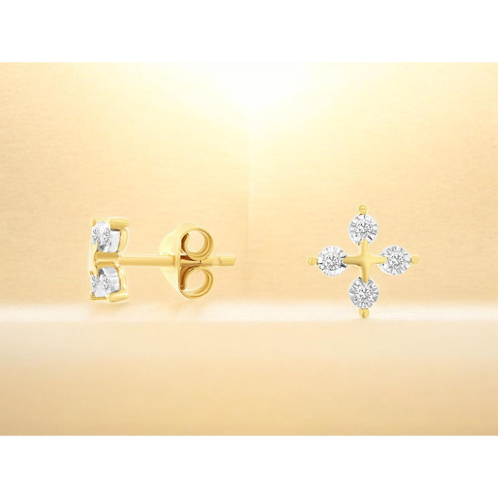 14K Yellow Gold Diamond Stud Earrings with Cross Motif and Four-Prong Set Round Diamonds - 0.10 Carat Total Diamond Weight - Royal Jewelry