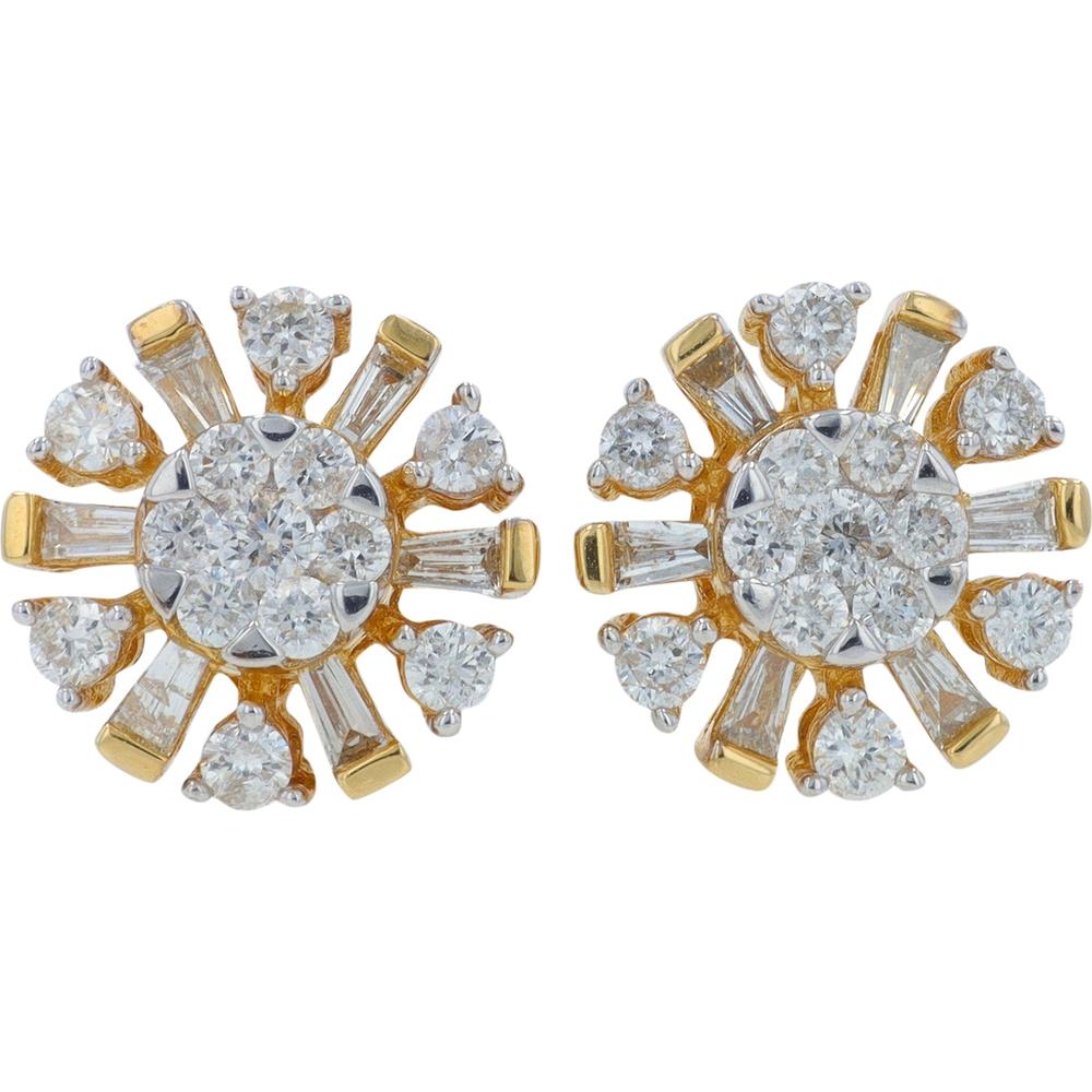14K Yellow Gold Diamond Stud Earrings with Round and Baguette-Cut Diamonds - 0.75 Carat Total Diamond Weight