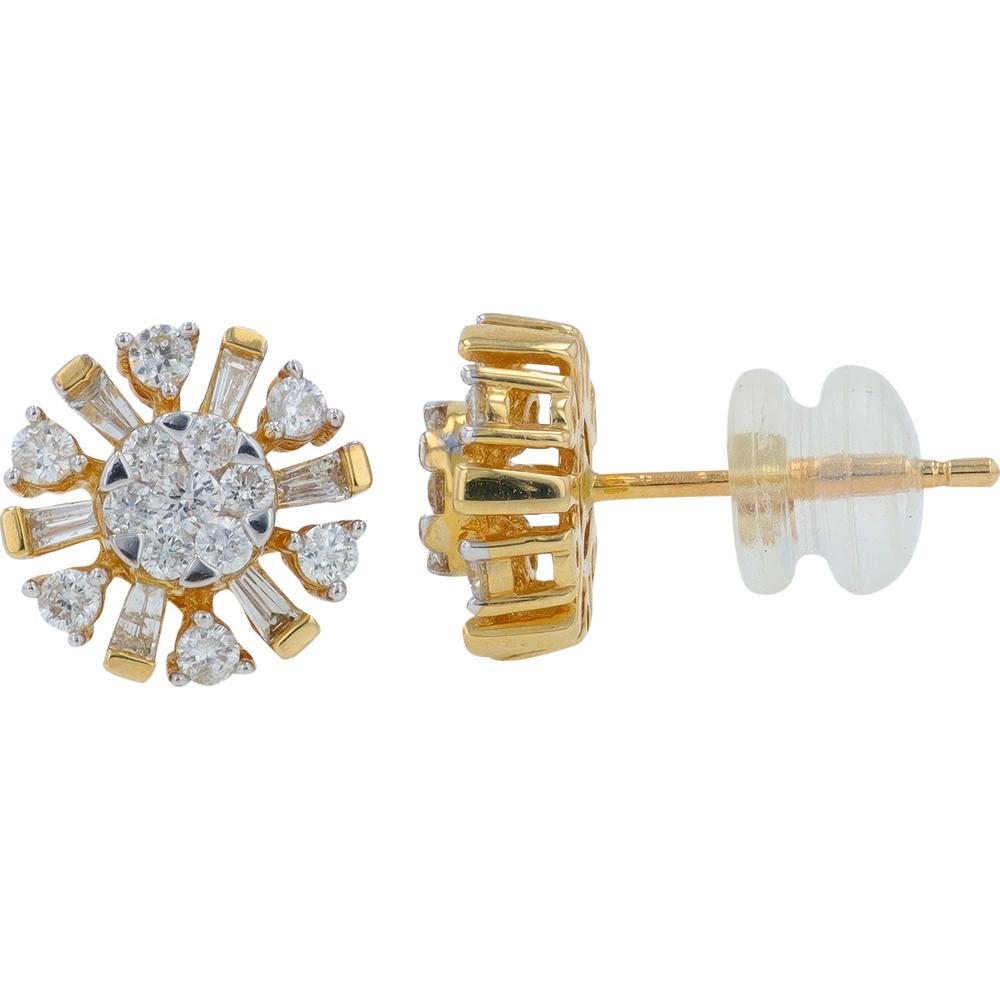 14K Yellow Gold Diamond Stud Earrings with Round and Baguette-Cut Diamonds - 0.75 Carat Total Diamond Weight