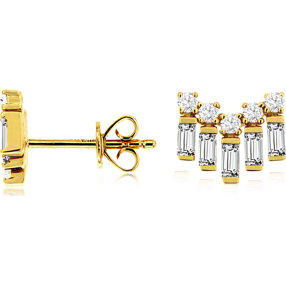 14K Yellow Gold Diamond Stud Earrings with Round and Baguette Diamonds - 0.46 Carat Total Diamond Weight - Royal Jewelry