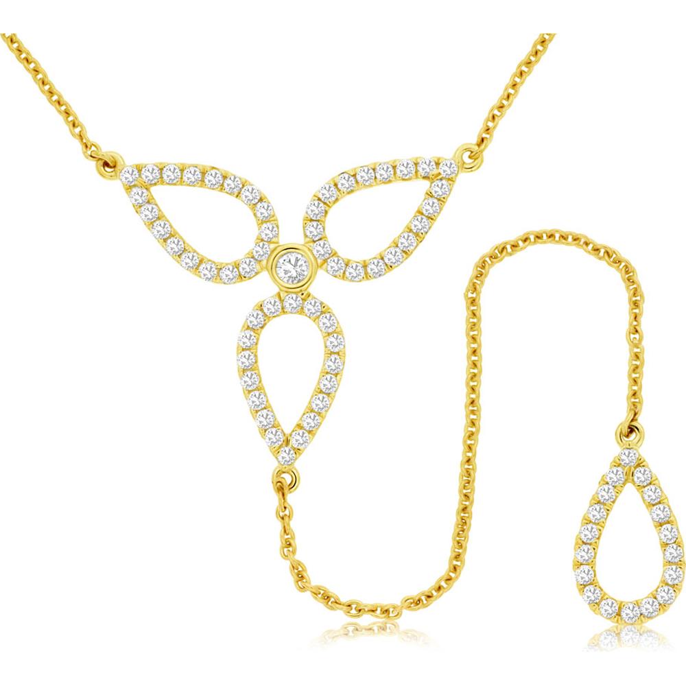 14K Yellow Gold Diamond Teardrop Necklace with 0.55 Carat Center Round Brilliant Diamond and Accented Open Silhouettes - Royal Jewelry