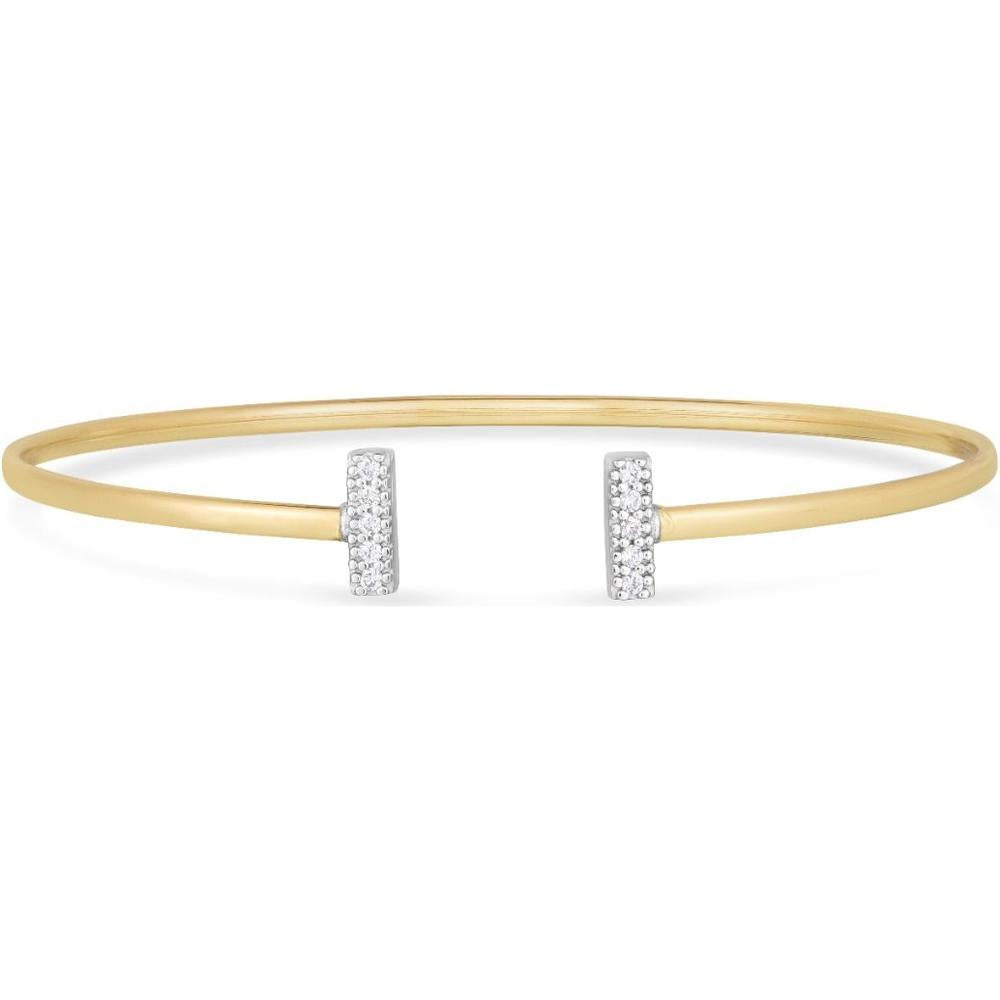14K Yellow Gold Diamond Tee Bar Open Cuff Bangle with .08 Carat Pavé Set Diamonds by Orozza Fine Jewelry