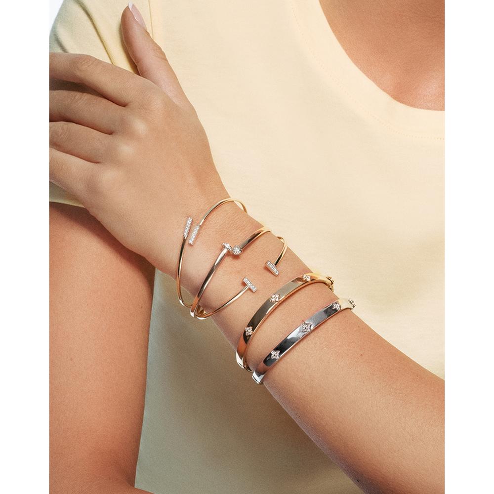 14K Yellow Gold Diamond Tee Bar Open Cuff Bangle with .08 Carat Pavé Set Diamonds by Orozza Fine Jewelry