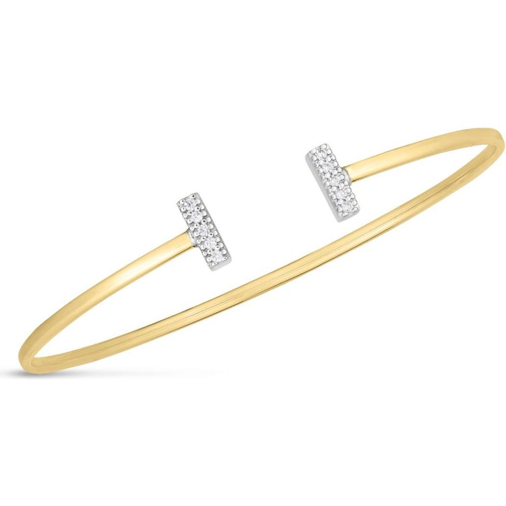 14K Yellow Gold Diamond Tee Bar Open Cuff Bangle with .08 Carat Pavé Set Diamonds by Orozza Fine Jewelry