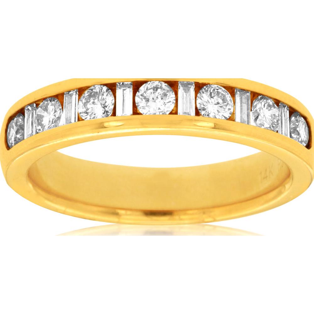 14K Yellow Gold Diamond Wedding Band with Alternating Baguette and Round Channel Set Diamonds - 0.60 Carat Total Diamond Weight - Royal Jewelry