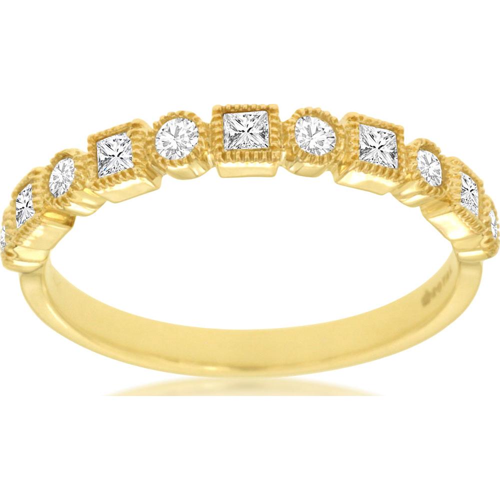 14K Yellow Gold Diamond Wedding Band with Alternating Round and Princess Cut Diamonds - 0.35 Carat Total Diamond Weight - Royal Jewelry