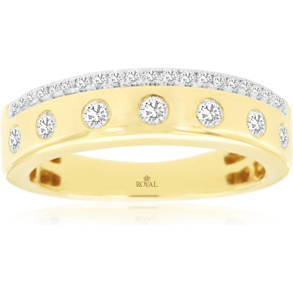 14K Yellow Gold Diamond Wedding Band with Bezel and Pavé Set Round Diamonds - 0.40 Carat Total Diamond Weight - Royal Jewelry