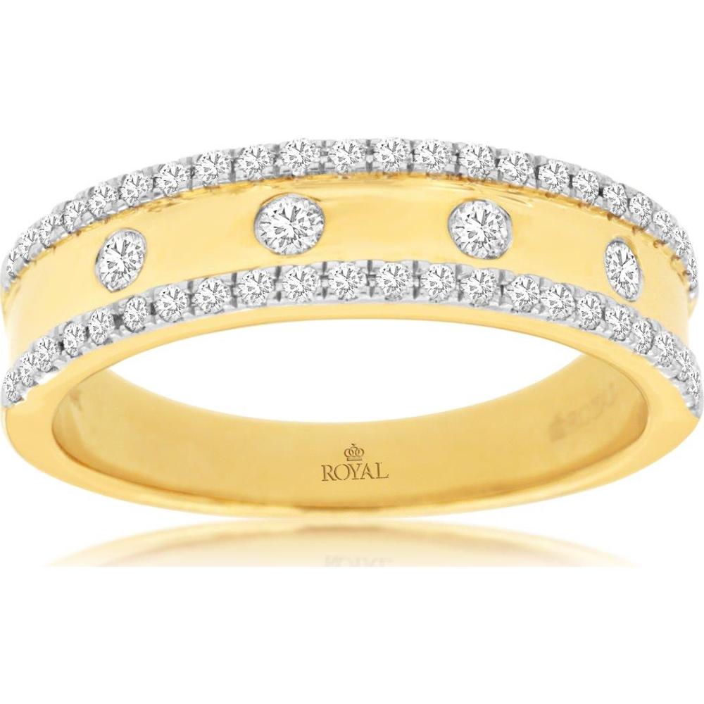 14K Yellow Gold Diamond Wedding Band with Flush Set Round Brilliant Diamonds and Pave Edge Accents - 0.33 Carat Total Diamond Weight - Royal Jewelry