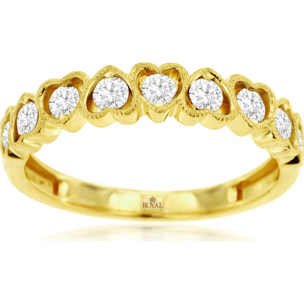 14K Yellow Gold Diamond Wedding Band with Heart-Shaped Settings and Milgrain Detail - 0.50 Carats Total Diamond Weight