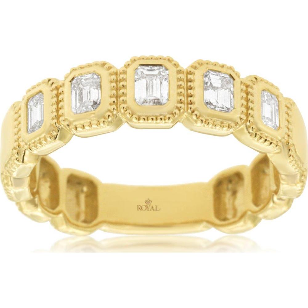 14K Yellow Gold Diamond Wedding Band with Milgrain Framed Emerald-Cut Style Diamonds - 0.48 Carat Total Diamond Weight - Royal Jewelry