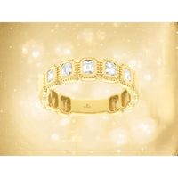 14K Yellow Gold Diamond Wedding Band with Milgrain Framed Emerald-Cut Style Diamonds - 0.48 Carat Total Diamond Weight - Royal Jewelry