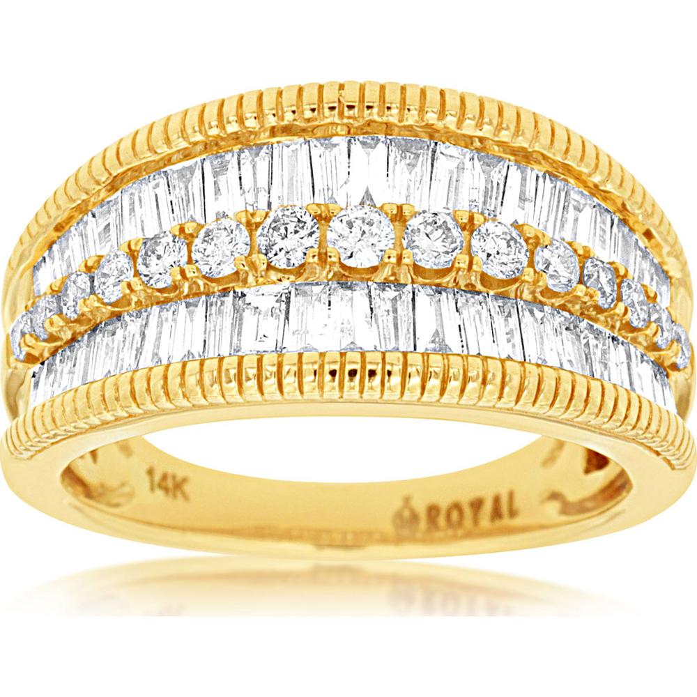 14K Yellow Gold Diamond Wedding Band with Round and Baguette Diamonds - 1.00 Carat Total Diamond Weight - Royal Jewelry